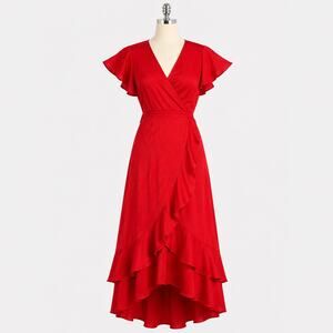 DO+BE Red Wrap Midi Dress Women's Small S Ruffle Hem Short Sleeve Tie Waist
